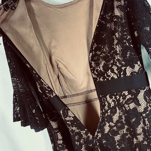 Miss May Womens Dress Medium Black Floral Lace Tan Lining Flare Sleeves A Line - Picture 13 of 16